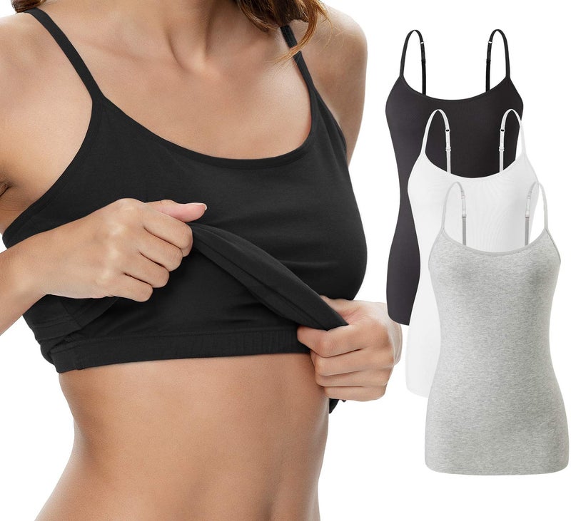 Vislivin Womens Cotton Camisole Adjustable Strap Tank Tops with Shelf Bra Stretch Undershirts 3 Pack Black/White/Gray L - Image 1